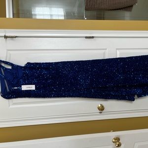Brand new blue glitter dress one shoulder train in back